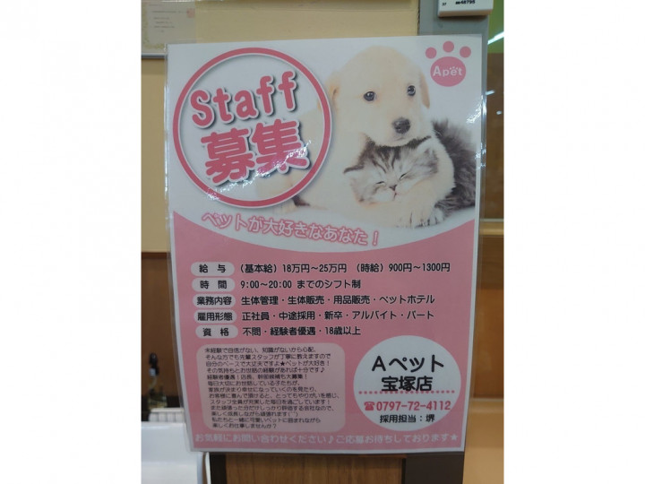 ペットショップ ａペット宝塚店のアルバイト パート求人情報 Joblist ジョブリスト スマホであつめる みんなの街の求人はり紙